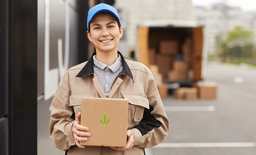 delivery woman holding a weed package